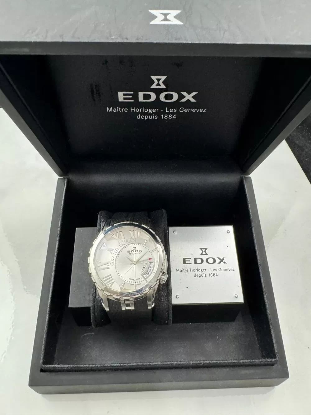 Edox Grand Ocean Automatic Swiss 46mm Ivory Face Watch Box Paper US Seller 82007 - Image 3